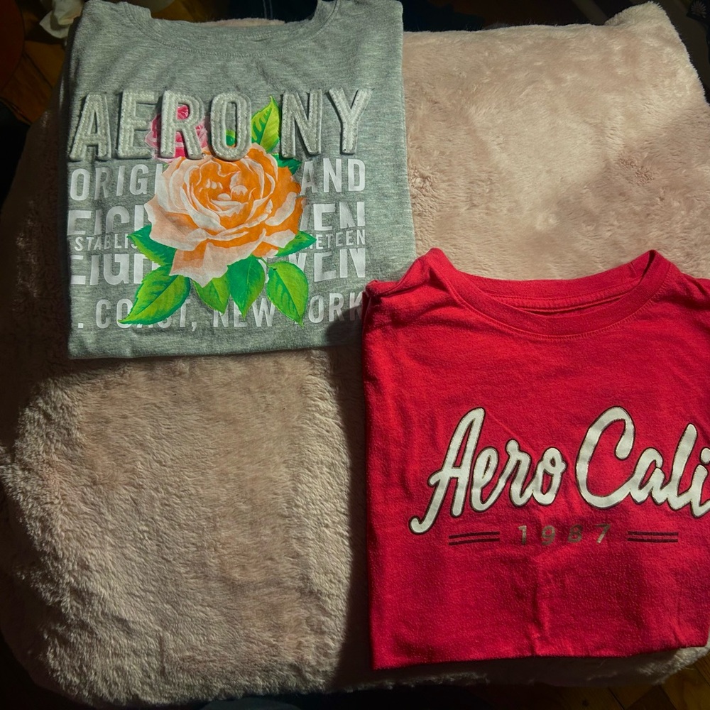 2 pack of Aeropostale graphic shirts. Pink one is medium and grey one is small